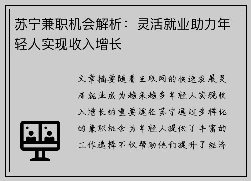 苏宁兼职机会解析：灵活就业助力年轻人实现收入增长