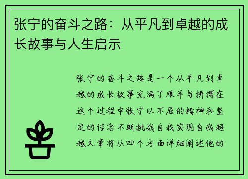 张宁的奋斗之路：从平凡到卓越的成长故事与人生启示